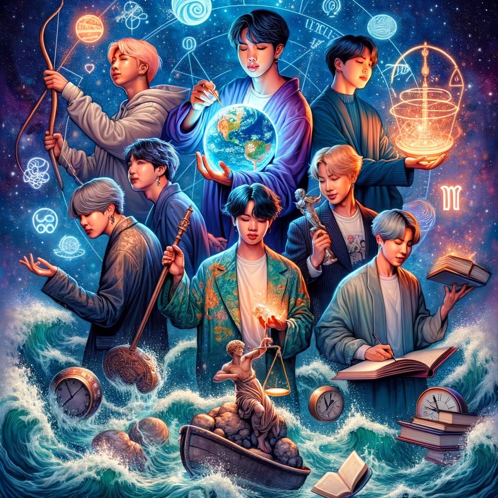 DALL·E 2024 04 22 09.00.35 A vibrant and artistic illustration depicting the seven members of the K pop group BTS each with symbols representing their zodiac signs. RM Virgo
